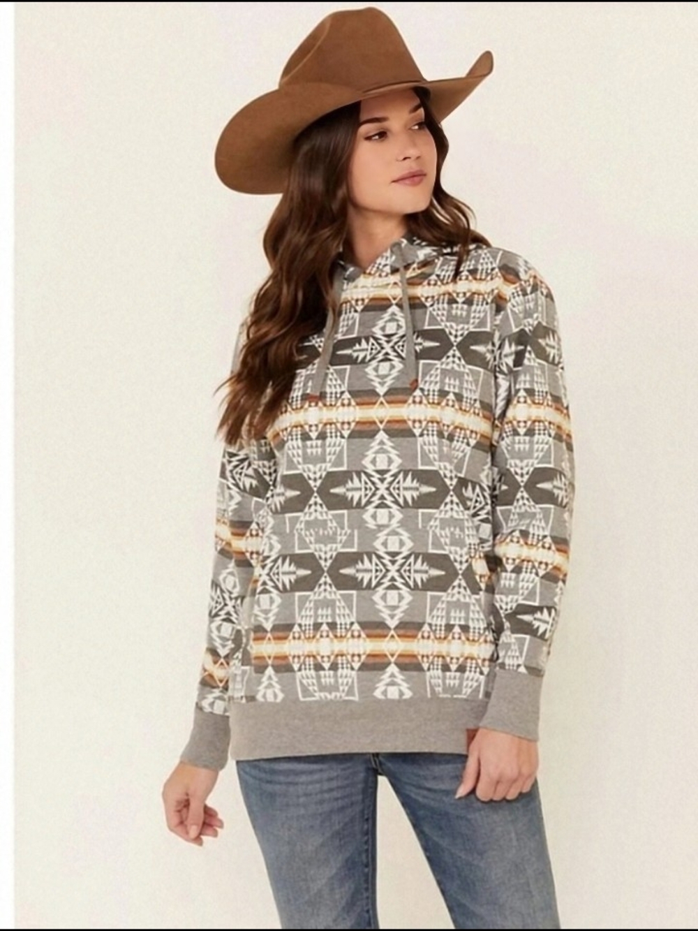 Women's Gray Aztec Print Hoodie Sweater - Gray & Tan